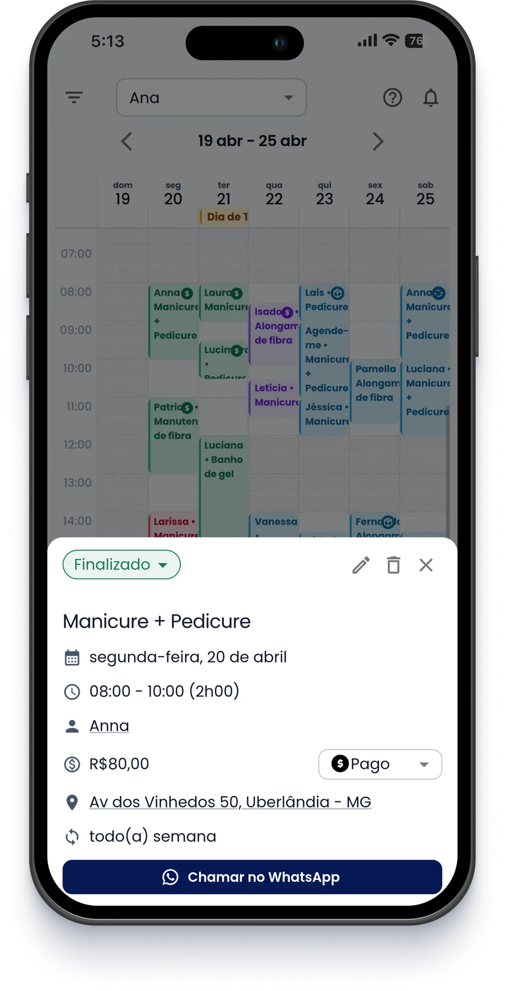 Detalhes do agendamento com status, valor, pagamento, horário e endereço